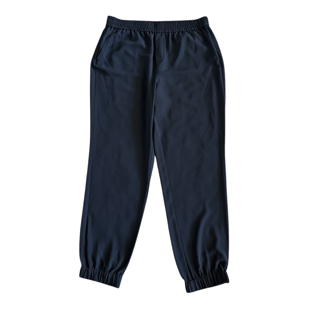Navy flowy joggers elastic waistband & ankle short length pockets stretch sz 10s